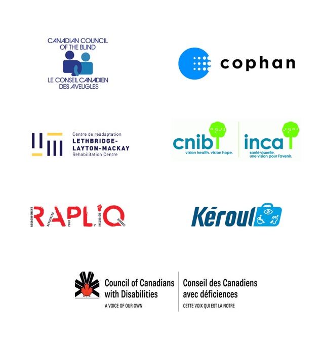 Partners Logos: Canadian council of the blind, cophan, Lethbridge-Leyton-Mackay Rehabilitation Center, cnib vision health vision hope, RAPLIQ, Kéroul, Council of Canadians with Disabilities.